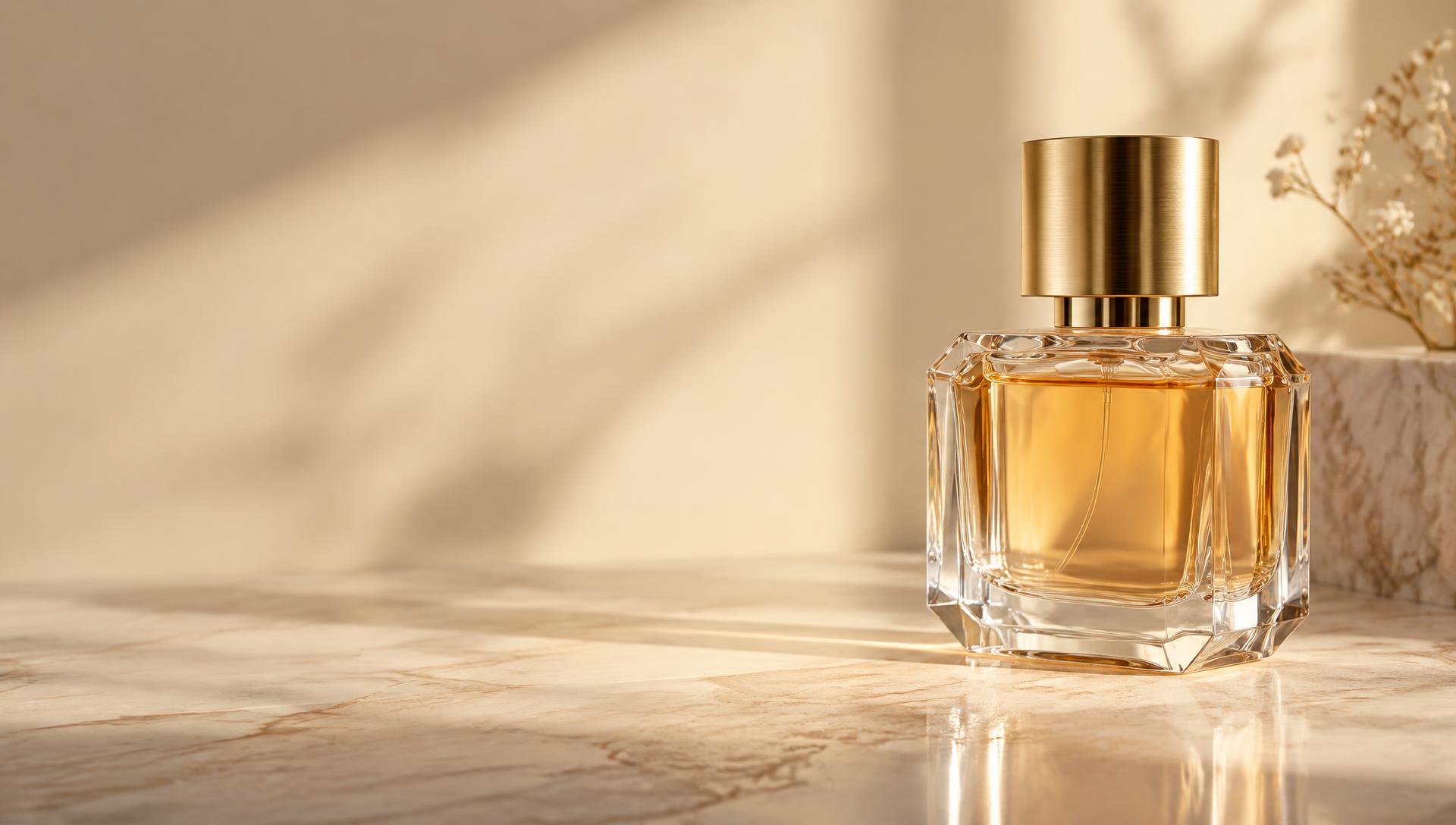Frasco de perfume de cristal con tapa dorada sobre mármol